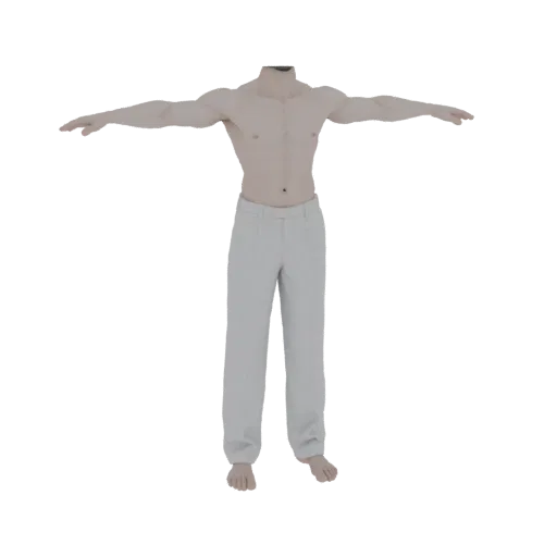 3D model of a male torso with sculpted muscles and light-colored trousers in a T-pose, set against a white background.