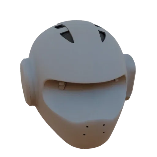 3D model of a futuristic helmet-mask with a smooth grey shell, ventilation grilles, and covered ears.