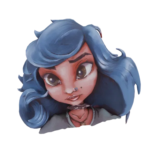 Render de modelo 3D de una chica estilizada con grandes ojos marrones y pelo azul ondulante, luciendo un collar gargantilla.