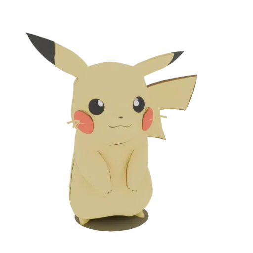 A 3D model of the Pokémon character Pikachu, standing and looking forward with a friendly expression.