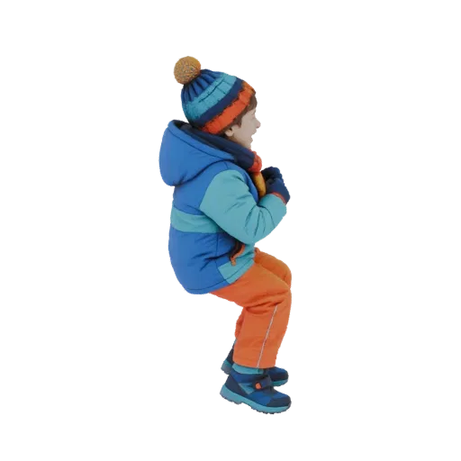 3D model of a child sitting down, wearing a blue and orange winter jacket, striped hat, and orange pants.