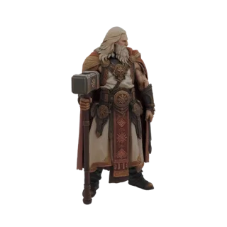 Modelo 3D de Odin, o Deus Nórdico do Trovão, em pé com barba branca longa e segurando seu martelo Mjolnir, vestindo armadura