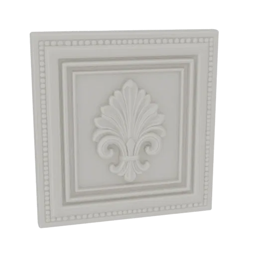 Modèle 3D de panneau architectural carré blanc avec emblème détaillé de fleur de lis au centre et bordure perlée.