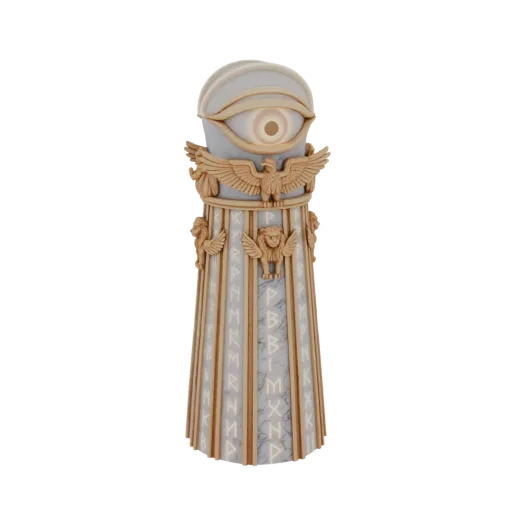 A 3D render of a tall, ornate pillar topped with a glowing all-seeing eye, featuring carved eagles, lions, and ancient runes.