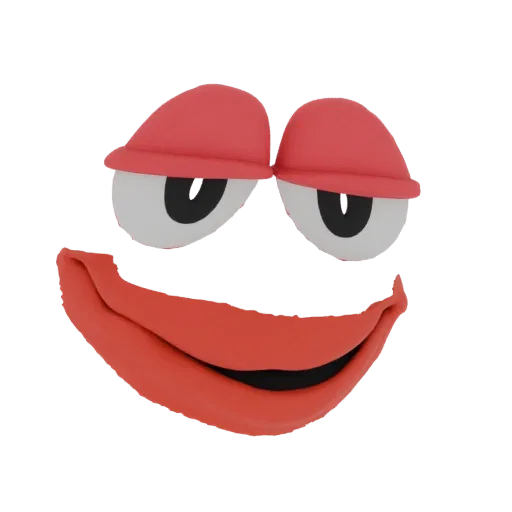 3D model of a red clay character with a wide grin and sleepy eyes, rendered against a black background.