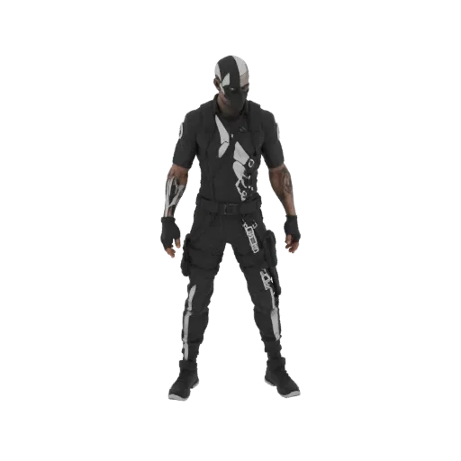 Modelo 3D de um operativo cibernético em traje tático preto com braço metálico e rosto mascarado, em pé contra fundo branco.