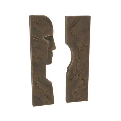3D model render of an abstract sculpture with two facing profiles, textured surface, on a white background.