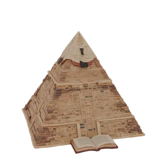 Modello 3D di piramide egizia con un libro aperto alla sua base, realizzato in stile realistico.