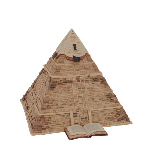 Modello 3D di piramide egizia con un libro aperto alla sua base, realizzato in stile realistico.
