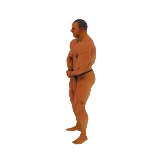 3D model of a muscular male bodybuilder in a side pose, flexing muscles, with a neutral expression.