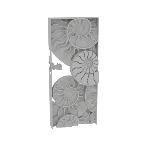 A 3D render of a decorative panel featuring multiple cross-sections of Nautilus shells arranged in a repeating pattern.