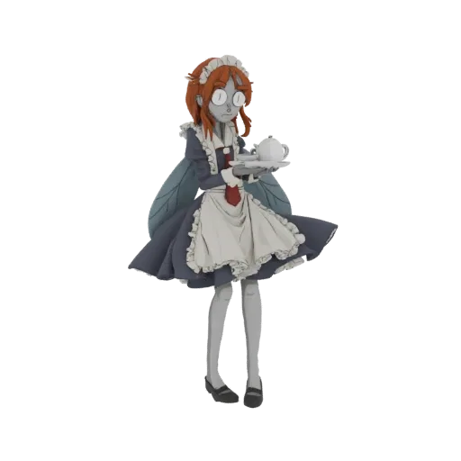 3D model of a fairy maid with orange hair, wearing a blue and white maid outfit, holding a teapot and teacup on a tray, with