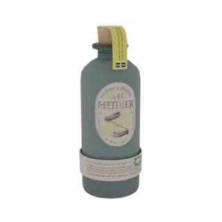 3D-Modell einer blauen Milchglasflasche mit Korkverschluss und gelbem Etikett, präsentiert vor weißem Hintergrund.