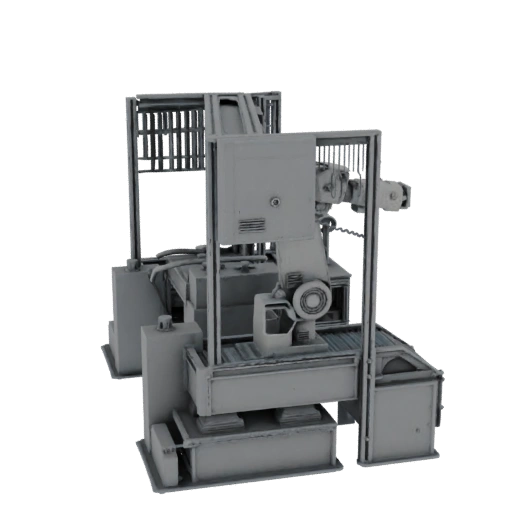 Automated Robot Cell Printable 3D model, isometric STL render, showing painted steel, machine stations.