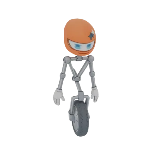3D model of a robot character with an orange helmet and blue eyes, standing on a unicycle.