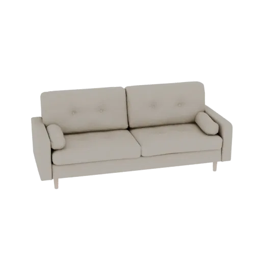 A 3D model of a modern beige sofa with two tufted seat cushions, two tufted back cushions, and integrated bolster pillows on