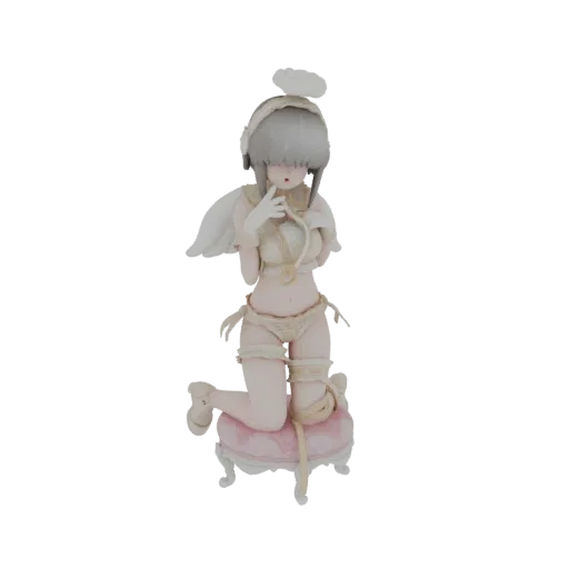 3D model of a kneeling angelic figure with white wings and halo, wearing delicate lingerie, posed on a pink cushion.
