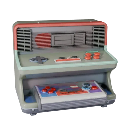 Retro Arcade Stick 3D model, three-quarter front view, AR viewer studio render, showing matte plastic, form detail.