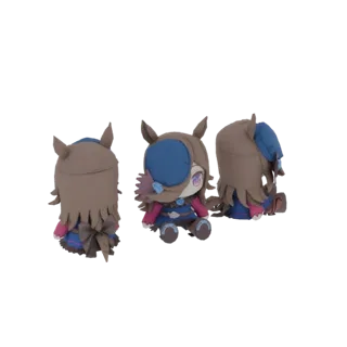 Modelo 3D de pelúcia de menina cavalo estilo chibi, mostrado de vários ângulos, com cabelo castanho, orelhas de cavalo e chap