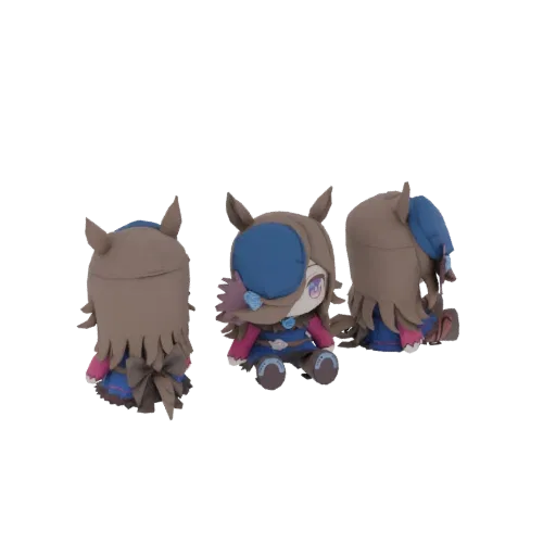 Modelo 3D de peluche de niña caballo estilo chibi, vista desde varios ángulos, con cabello castaño, orejas de caballo y sombr