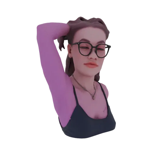 Render de modelo 3D de joven con gafas, top oscuro y collar, con brazo levantado.