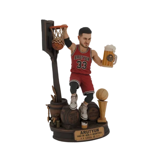 3D model of a basketball player in a red jersey, mid-slam dunk, holding a beer mug, with a trophy and barrels on the base.
