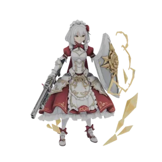 3D model of a female Maid Knight in a red and white uniform, holding a shield and a gun, with yellow energy effects around he