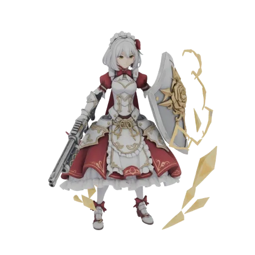 Modelo 3D de uma Maid Knight feminina em uniforme vermelho e branco, segurando um escudo e uma arma, com efeitos de energia a