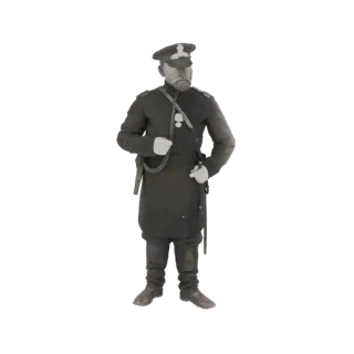 Render 3D de um general da era vitoriana em uniforme, em posição de sentido com uma espada.