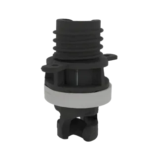 3D-Modell eines schwarz-weißen Ventiladapters für Schlauchboote, das die gerippte Oberseite und den unteren Ventilanschlussme