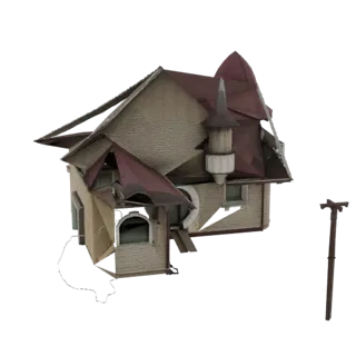 Modelo 3D de una casa victoriana deconstruida con torreón de tejado rojo, mostrando muros fragmentados y detalles arquitectón
