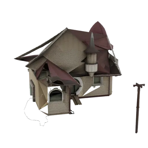 3D model of a deconstructed Victorian house with a red-roofed turret, showing fragmented walls and architectural details.