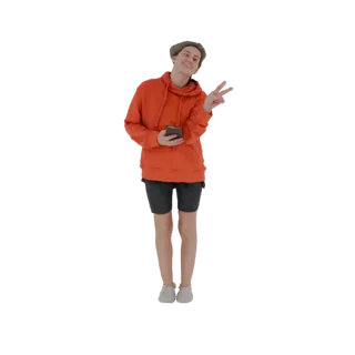 3D model of a young person wearing an orange hoodie and dark shorts, holding a smartphone and making a peace sign with their