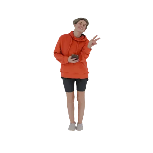 3D model of a young person wearing an orange hoodie and dark shorts, holding a smartphone and making a peace sign with their
