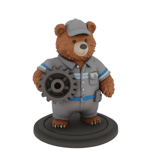 3D model of a brown bear in grey work clothes holding a dark grey gear, standing on a base.
