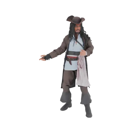 3D model of Captain Jack Sparrow in a pirate costume, with a tricorn hat and sash, striking a characteristic pose.