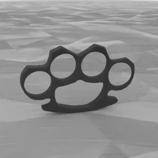 Um modelo 3D de soco de metal escuro exibido em uma superfície texturizada, mostrando seus quatro orifícios para os dedos e c