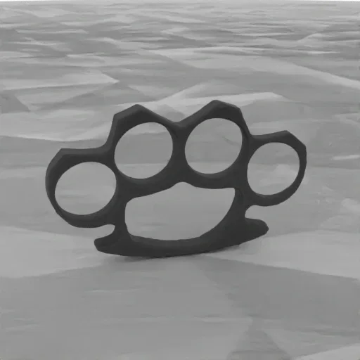 A dark metal brass knuckles 3D model displayed on a textured surface, showcasing its four finger holes and solid construction