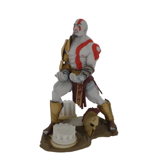 3D model of Kratos from God of War in a powerful action pose, with detailed armor and a thematic base featuring broken pillar