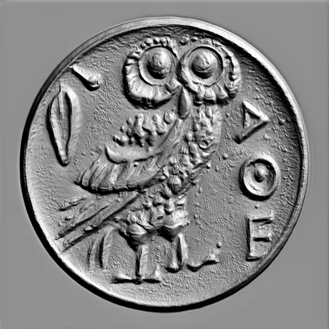 3D model of the Athenian Owl bas-relief, symbol of wisdom and Athens, with detailed bird depiction.