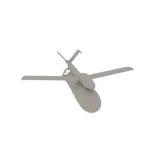 3D render of a light gray drone with a twin tail and propeller, viewed from a slight angle against a white background.