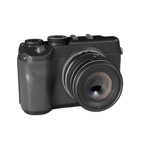 Action Instant Camera 3D model, three-quarter front view, AR viewer studio render, showing textured grips, lens barrels.