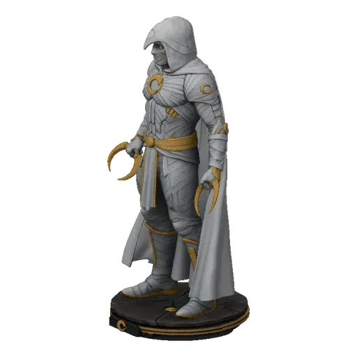 3D model of Moon Knight in his white and gold costume, holding crescent darts, standing on a dark base.