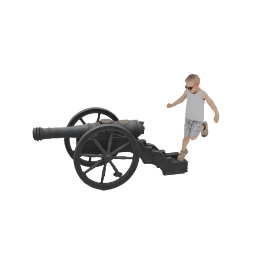 3D model of a young boy in a white tank top and shorts running towards an antique cannon, with a transparent background.
