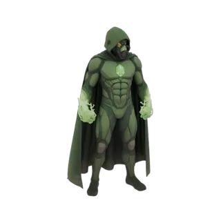 Modello 3D di un personaggio vigilante incappucciato verde con energia verde luminosa che emana dalle sue mani e un emblema a