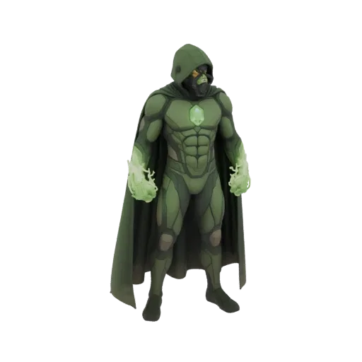 Modelo 3D de un personaje vigilante encapuchado verde con energía verde brillante emanando de sus manos y un emblema de diama