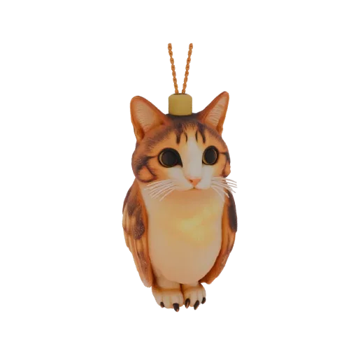 3D model render of a cute orange tabby cat ornament with large eyes and striped fur, hanging by a string loop.