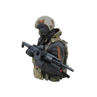 3D model of a modern soldier wearing a helmet and tactical vest, holding an assault rifle in a ready stance.