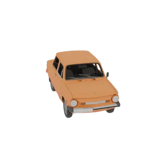 3D model of a vintage orange ZAZ-968M sedan, viewed from a slightly elevated front-right angle against a white background.