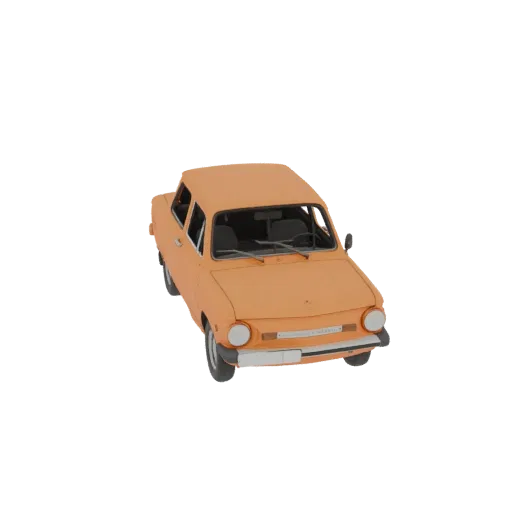 3D model of a vintage orange ZAZ-968M sedan, viewed from a slightly elevated front-right angle against a white background.